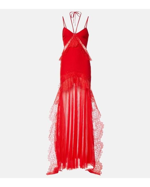 David Koma Red Taffeta And Tulle Lace-Trimmed Gown