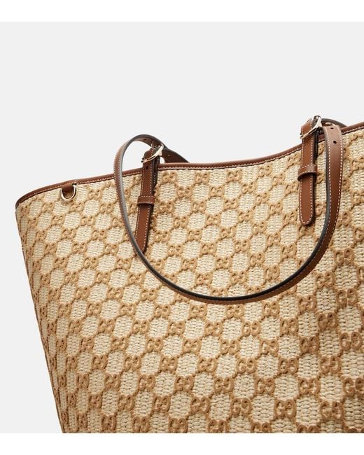 Gucci Natural Gg Large Raffia-Effect Tote Bag