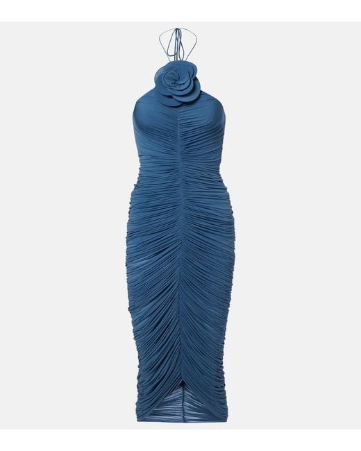 Magda Butrym Blue Floral-Applique Ruched Midi Dress
