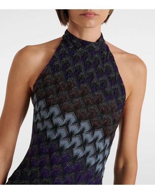 Missoni Blue Halterneck Knitted Lame Gown