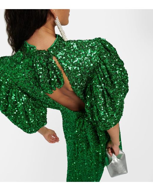 ROTATE BIRGER CHRISTENSEN Green Sequined Puff-Sleeve Maxi Dress