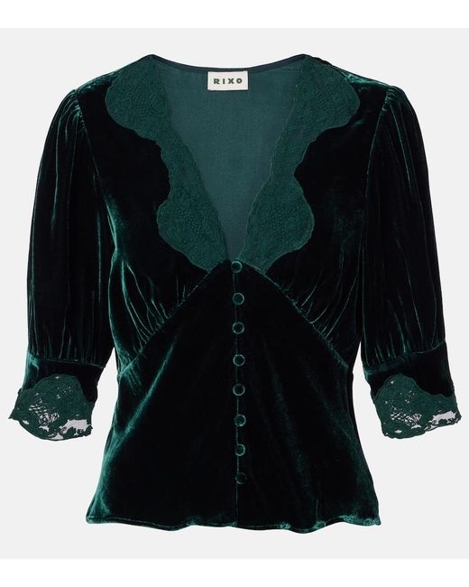 Rixo Green Amanda Lace-Trimmed Velvet Top