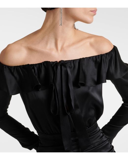 Alessandra Rich Black Off-shoulder Silk Midi Dress