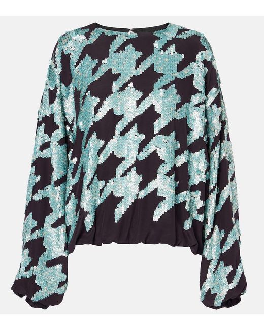 Dries Van Noten Blue Sequined Houndstooth Silk Sweatshirt