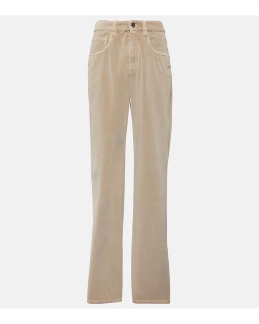 Brunello Cucinelli Natural Mid-Rise Cotton Velvet Straight Pants