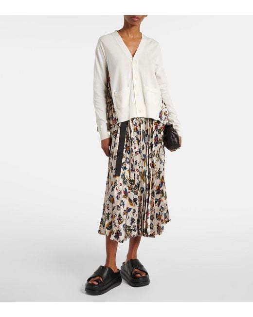 Sacai White Printed Pleated Midi Skirt