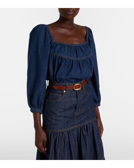 Saint Laurent Blue Gathered Denim Blouse