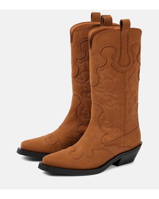 Ganni Brown Embroidered Faux Leather Cowboy Boots