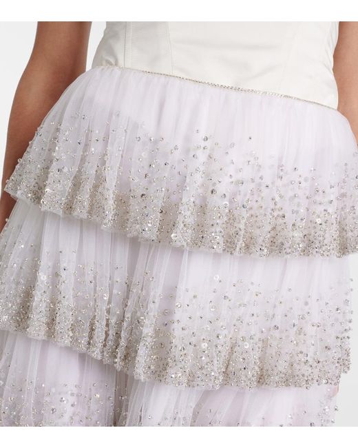 Clio Peppiatt White Evie Beaded Tiered Tulle Miniskirt