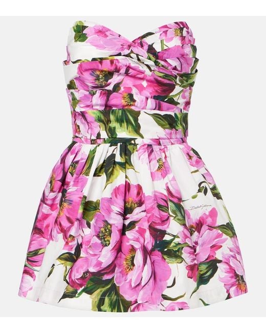 Dolce & Gabbana Pink Floral Pleated Cotton Minidress