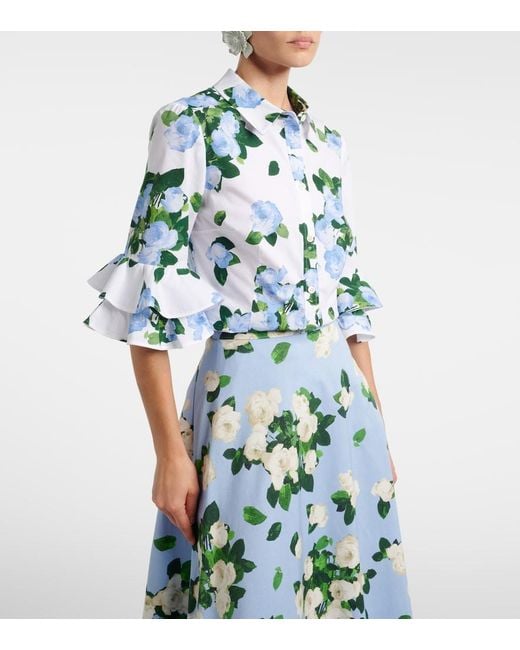 Carolina Herrera Blue Floral Ruffled Cotton-Blend Shirt