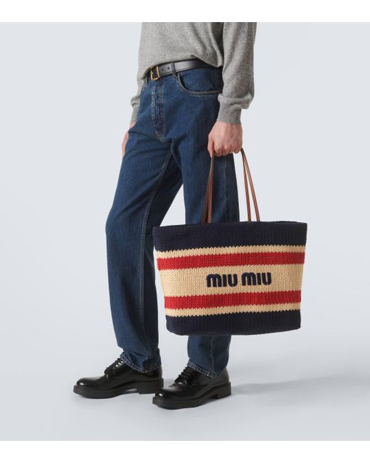 Miu Miu Red Logo Woven Leather-trimmed Tote Bag for men