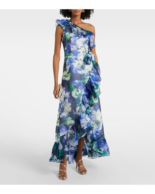 Costarellos Blue Carmea Floral Silk Organza Maxi Dress