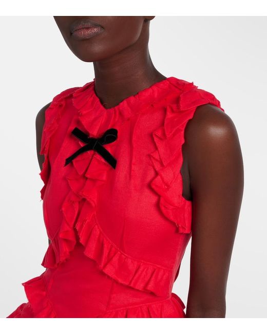ShuShu/Tong Red Bow-Detail Ruffled Linen Midi Dress