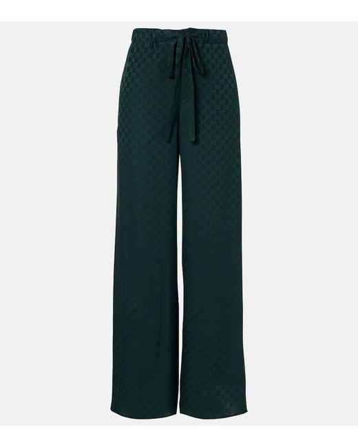 Gucci Green Gg Silk Jacquard Wide-Leg Pants