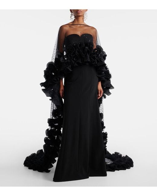 Jenny Packham Black Ruffled Caped Gown