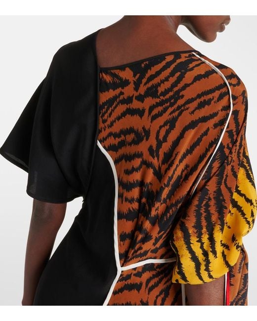 Victoria Beckham Black Asymmetric Animal-Print Silk Maxi Dress
