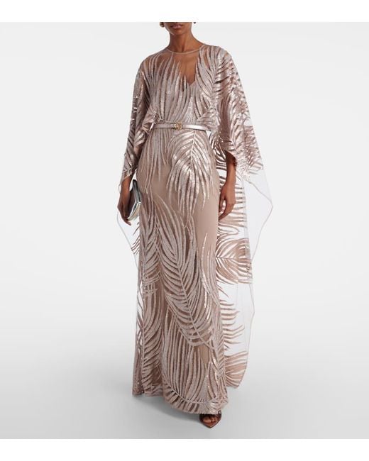 Elie Saab Natural Embroidered Sheer Tulle Gown