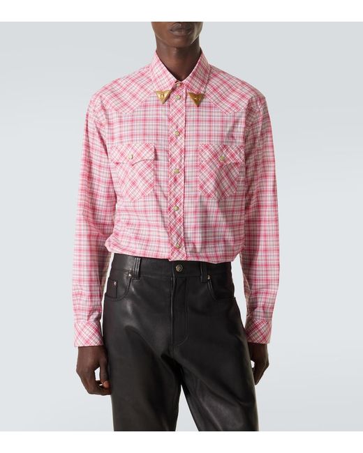 Versace Pink Checked Cotton Poplin Shirt for men