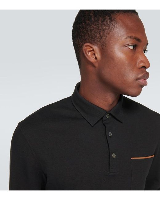 Zegna Black Long-sleeved Cotton Pique Polo Shirt for men