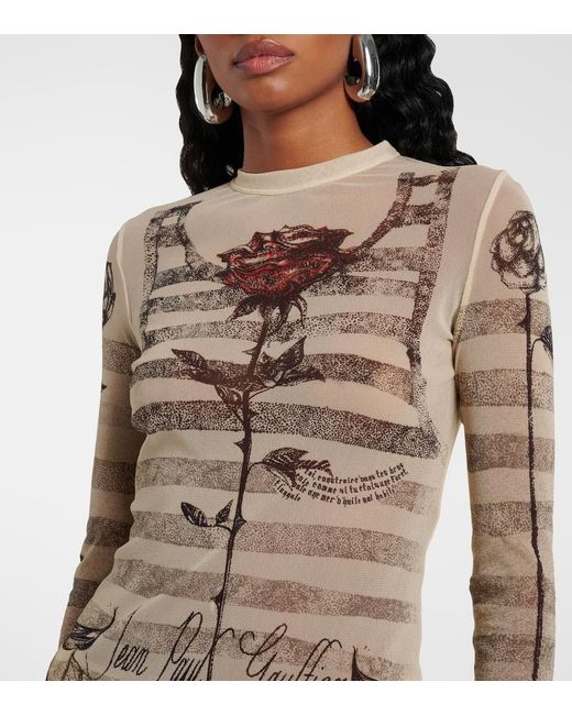 Jean Paul Gaultier Natural Striped Printed Mesh Top