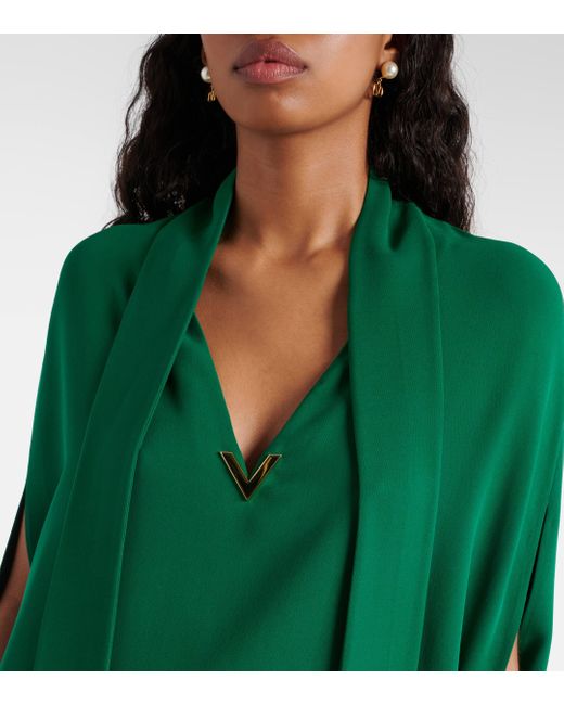 Valentino Green Caped Tie-neck Silk Blouse