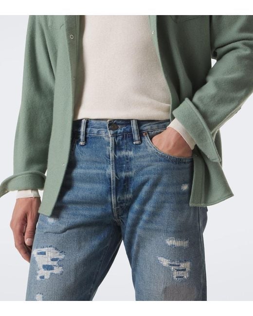 RRL Blue Distressed Straight Jeans for men