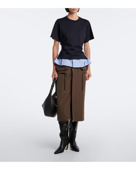 Sacai Black Layered Cotton Jersey And Poplin Top