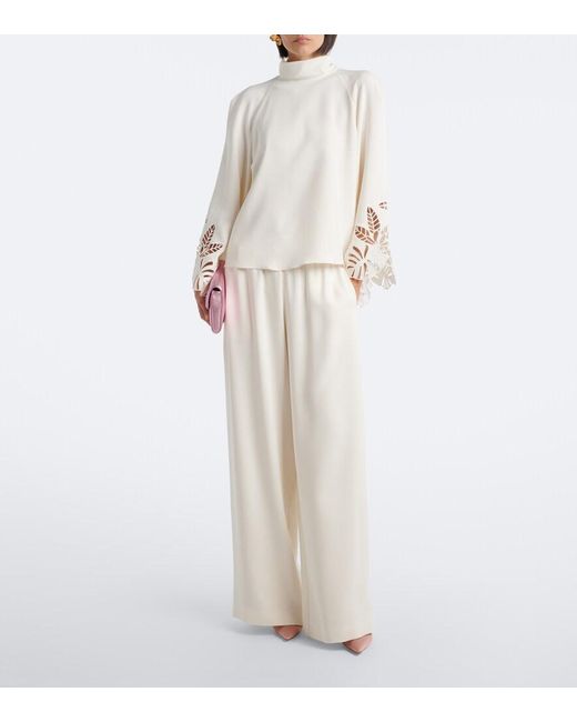 Oscar de la Renta White Embroidered Silk-Blend Georgette Blouse
