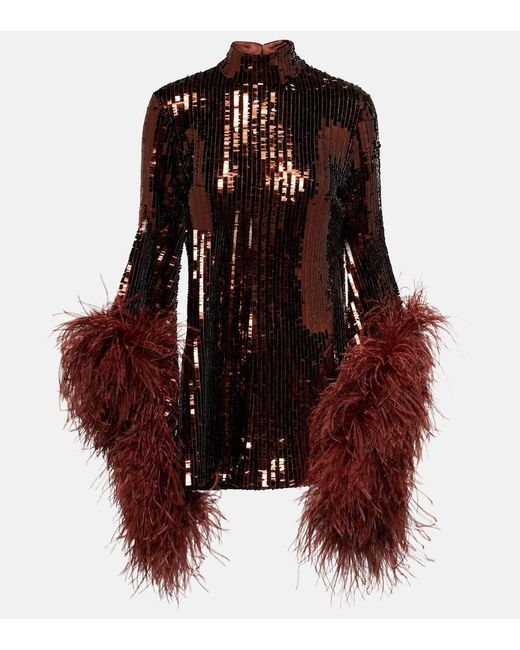 ‎Taller Marmo Red Del Rio Feather-Trimmed Sequined Minidress