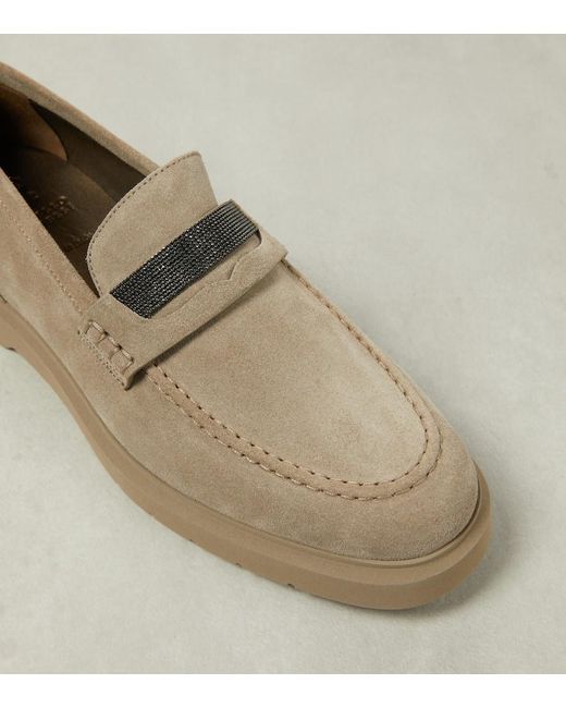 Brunello Cucinelli Natural Verzierte Loafers aus Veloursleder
