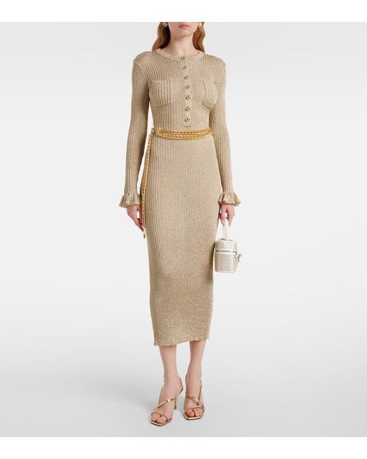 Self-Portrait Natural Ribbed-Knit Lame Midi Dress