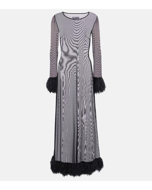 MARINE SERRE Gray Faux Feather-Trimmed Mesh Maxi Dress