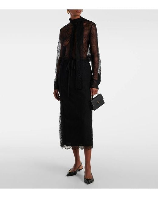 Valentino Black Scarf-Detail Floral Lace Blouse