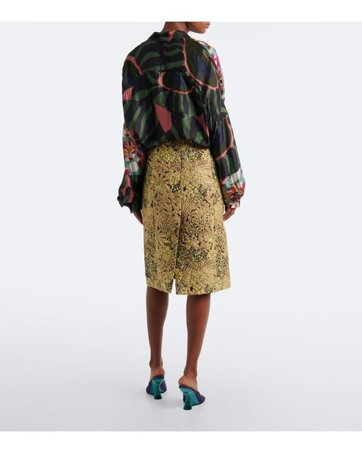 Dries Van Noten Green Floral Jacquard Midi Skirt