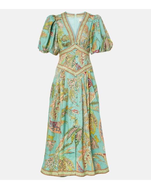 ALÉMAIS Green Franca Printed Linen Midi Dress