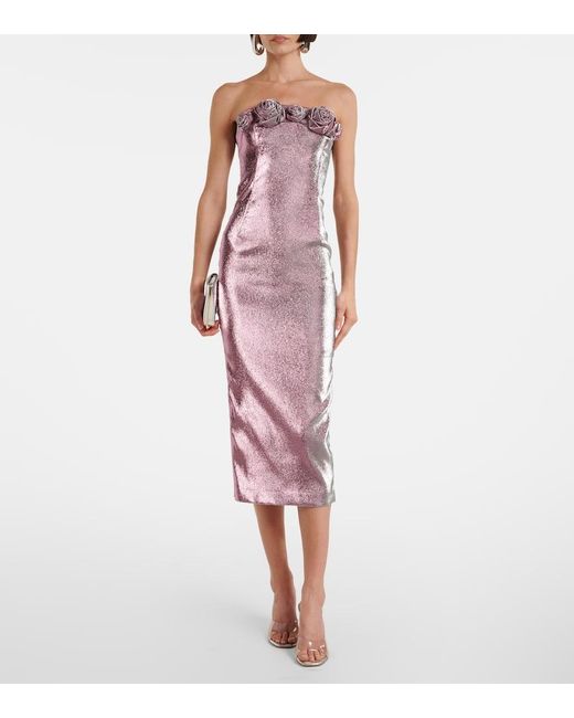 Area Purple Floral-Applique Lame Midi Dress