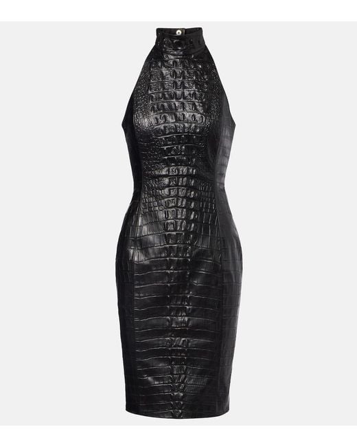 Balmain Black Croc-Effect Halterneck Leather Minidress