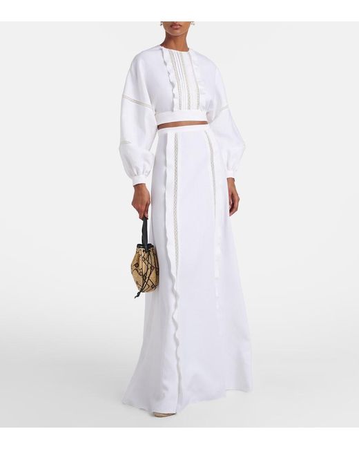 Valentino White Lace-Trimmed Linen Maxi Skirt