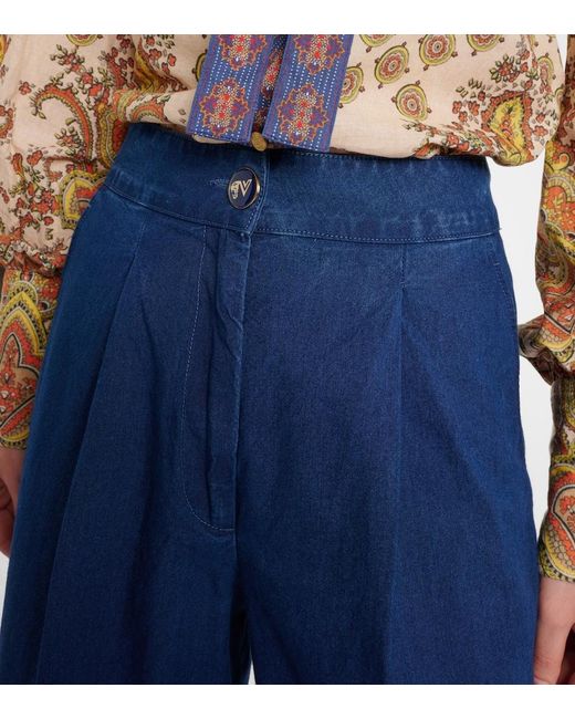 Valentino Blue High-Rise Pleated Wide-Leg Jeans