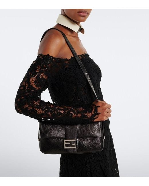 Fendi Black Baguette Small Leather Shoulder Bag