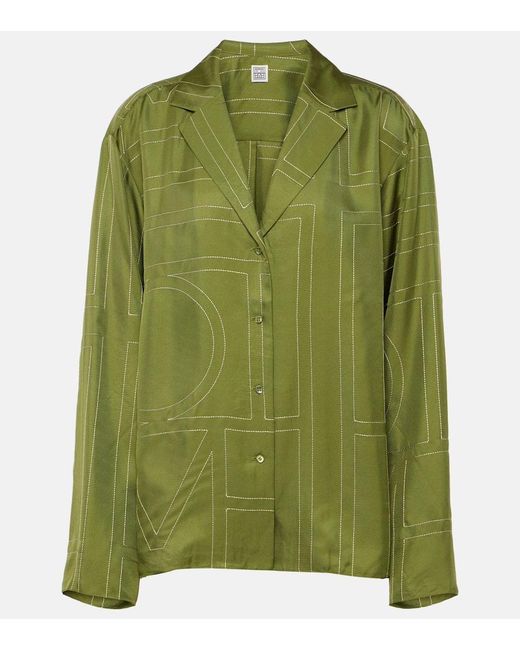 Camisa De Pijama De Seda Con Monograma Totême  de color Green