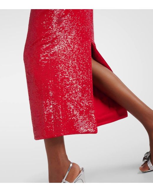 Rasario Red Sequined Cutout Midi Dress