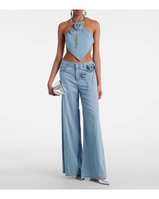 Area Blue Embellished Floral-Applique Wide-Leg Jeans
