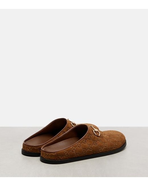 Gucci Brown Gg Horsebit Suede Mules