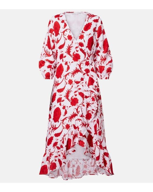Heidi Klein Red Evia Floral Ruffled Linen Wrap Dress