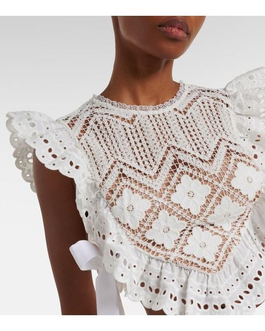 Self-Portrait White Crochet Ruffled Crop Top