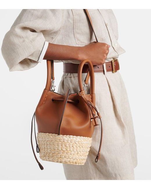 Tod's Brown Bux Raffia-Trimmed Leather Bucket Bag