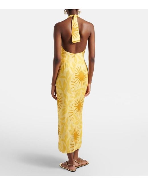 Cala De La Cruz Metallic Orly Printed Cutout Linen Midi Dress