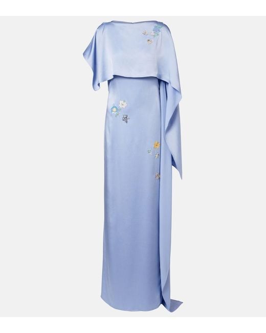 Erdem Blue Embellished Caped Satin Cady Gown